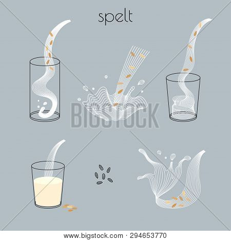 Vector Glass Of Spelt Milk With Nuts. Vegan Alternative Organic Milk Splash Pour In Glass. Non Dairy