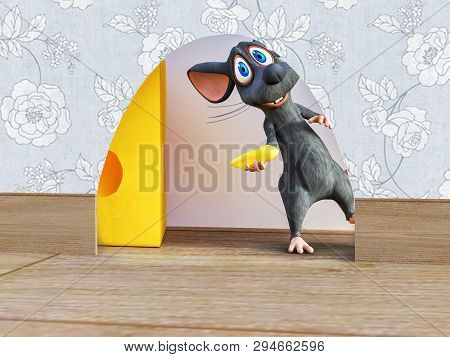 3d Rendering Of A Cute Smiling Cartoon Mouse Holding A Small Piece Of Cheese While Looking Out From 