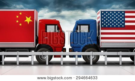 Trucks With Usa And China Flags Come Across In Narrow Road. 3d Illustration.