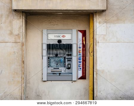 Paris, France - Mar 19, 2019: Champs Elysee Hsbc Bank Branch Atm Bancomat Vandalized After Demonstra