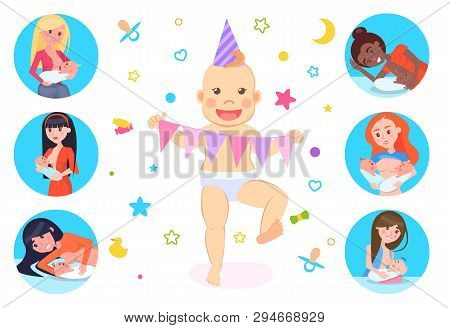 Child With Happy Face Vector, Motherhood Set. Baby Dancing With Flags Wearing Celebration Paper Hat.