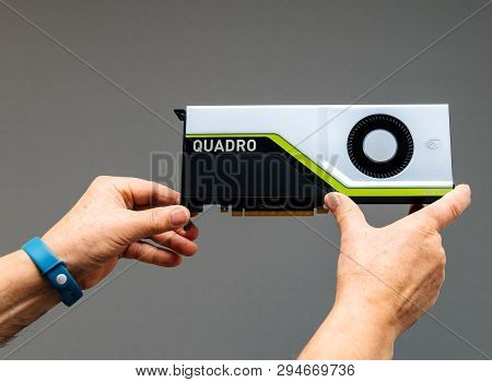 Paris, France - Mar 28 2019: Senior Man Showing Latest Nvidia Quadro Rtx 5000 Workstation Gpu With T