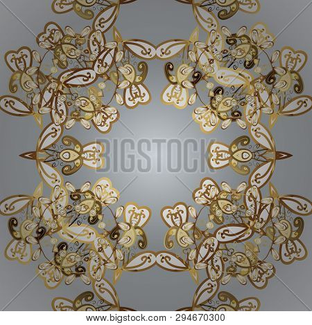 Vector Golden Seamless Pattern. Golden Pattern On White And Gray Colors With Golden Elements. Flat H