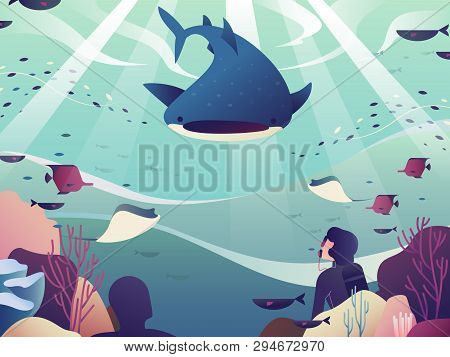 Scuba Diving Under Deep Sea With Various Type Of Fish Illustration
