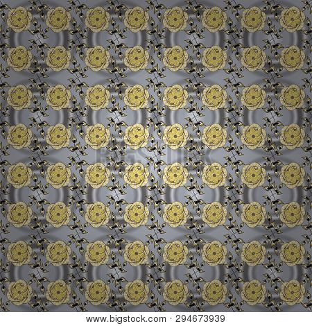 Vector Vintage Baroque Floral Seamless Pattern In Gold. Golden Pattern On A Gray And Yellow Colors W