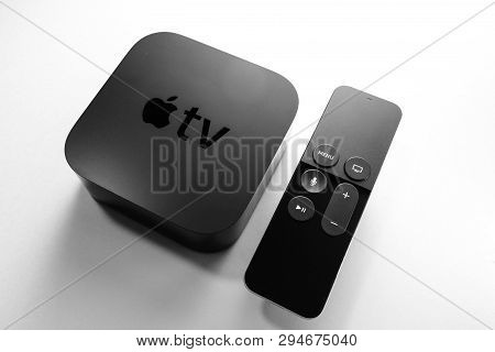 Paris, France - Nov 16, 2018: View From Above At New Black Apple Tv 4k Media Streaming By Apple Comp