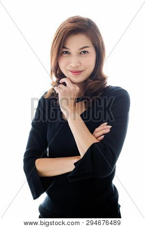 Studio Close-up Portrait Of Beautiful Business Asian Woman With Curly Long Dark Brown Hair In Black 