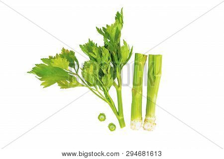 Fresh Green Celery Vegetable Of Celery Head And Slice On White Background With Cilpping Path