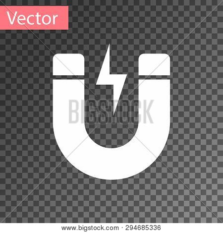 White Magnet With Lightning Icon Isolated On Transparent Background. Horseshoe Magnet, Magnetism, Ma