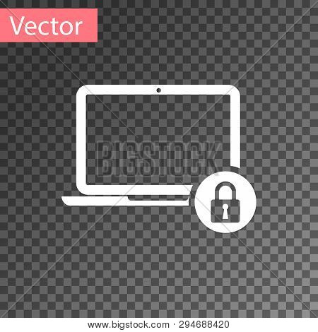 White Laptop And Lock Icon Isolated On Transparent Background. Computer And Padlock. Security, Safet