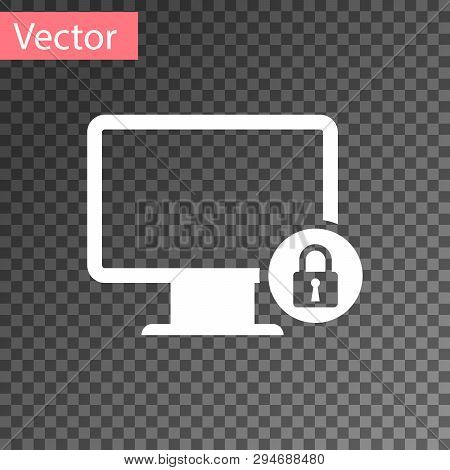 White Lock On Computer Monitor Screen Icon Isolated On Transparent Background. Monitor And Padlock. 