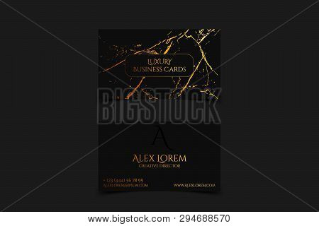 Luxury Business Card With Marble Texture And Gold Detail Vector Template, Banner Or Invitation With 