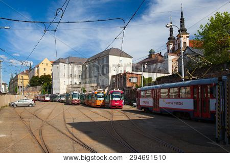 Olomouc, Czech Republic - May 5,2017: The Tram Stop In The Historic Center Of Olomouc. Famous Unesco