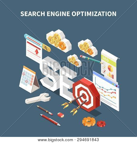 Isometric Isolated Web Seo Composition With Search Engine Optimization Headline And Different Elemen