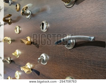 Showcase Of Door Handles And Furniture On Wooden Stand At Hadrware Store