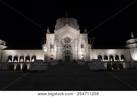 Milan, Lombardy, Italy: Exterior Of The Historic Cemetery Known As Cimitero Monumentale By Night