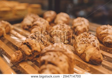 Freshly Baked Croissants In A Bakery Shop. Delicious Fresh.