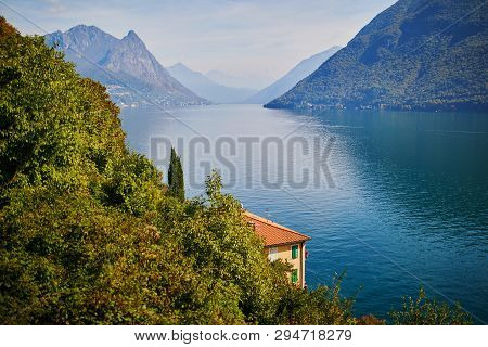 Scenic View To The Lake In Gandria Village Near Lugano, Canton Of Ticino, Switzerland
