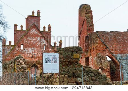 Church Of St. Laurentius, Old Building Of Field Stone And Red Brick, Salskoye Village, Zelenograd Di