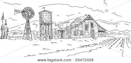 vector - Old farm under mountains hand draw