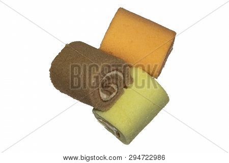 Colorful Roll Cake Creamy Butter Roll Cake Filling On A White Background