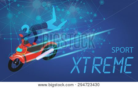 Xtreme Sport Banner. Biker Man In Suit And Helmet Riding Red Motocycle In Free Stile Doing Tricks An