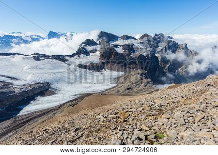 Engelberger Rotstock Mountain Summit, Bluemlisalpfirn, Blue Sky, Sea Of Fog