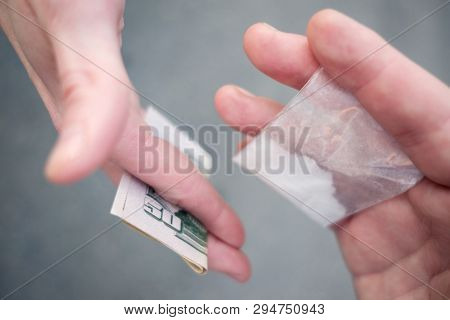 Drug Selling Concept. Close Up Hands, Trading Meth.