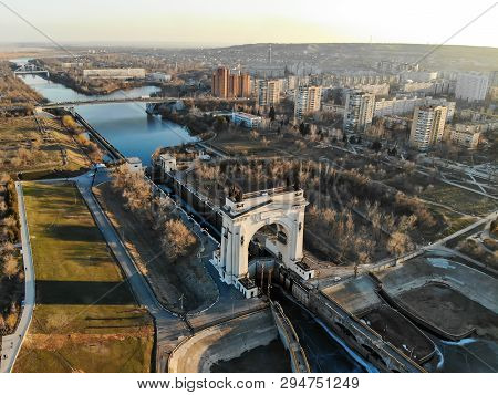 Russia. Volgograd. Volga-don Shipping Canal. Arch 1st Gateway. 