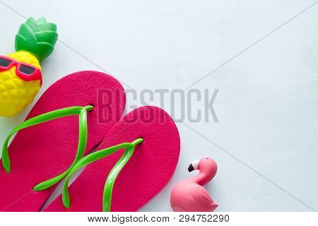 Pink Beach Flip Flops  And Squishy Toy Pineapple In Sunglasses And Flamingo  On White  Background Co