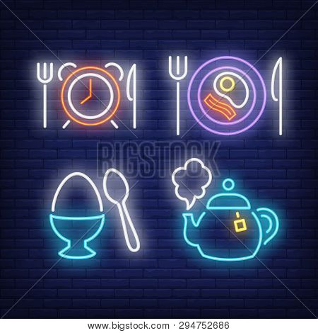 Alarm Clock, Teapot, Fried And Soft-boiled Eggs Neon Signs Set. Breakfast, Morning, Food Design. Nig