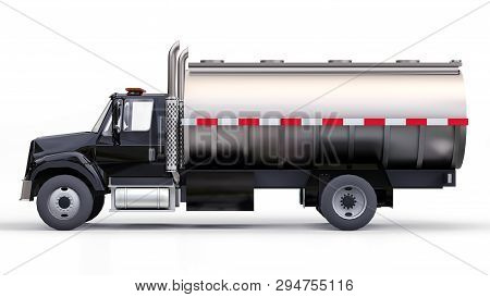 Large Black Truck Tanker With A Polished Metal Trailer. Views From All Sides. 3d Illustration.