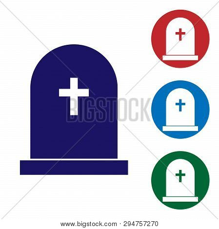 Blue Tombstone With Cross Icon Isolated On White Background. Grave Icon. Set Color Icon In Circle Bu