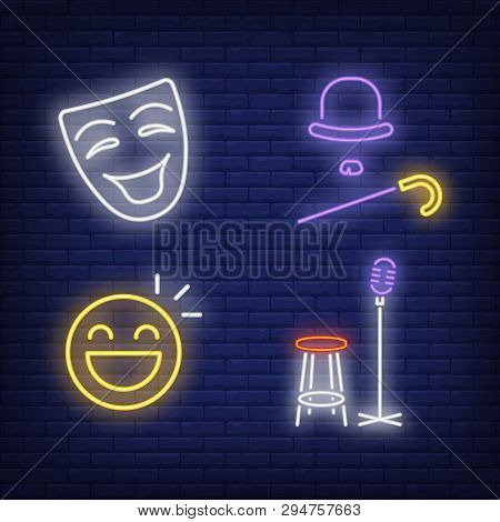 Smiling Mask, Microphone, Hat And Cane Neon Signs Set. Show Invitation, Entertainment, And Concert D