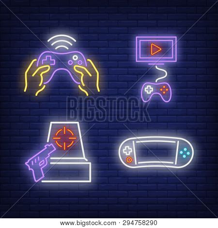 Videogame Console, Joystick And Shooter Game Neon Signs Set. Video Games, Leisure And Entertainment 