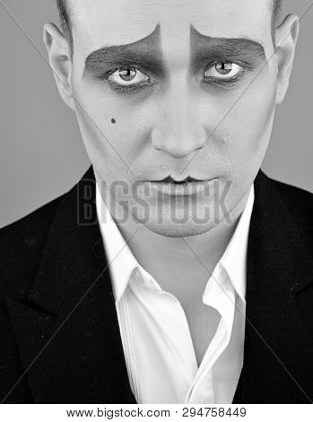 Having Talent And Charisma. Theatre Actor Miming. Mime With Face Paint. Mime Artist. Man With Mime M