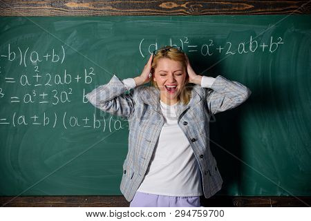 Study And Education. Modern School. Knowledge Day. Teacher On School Lesson At Blackboard. Woman In 