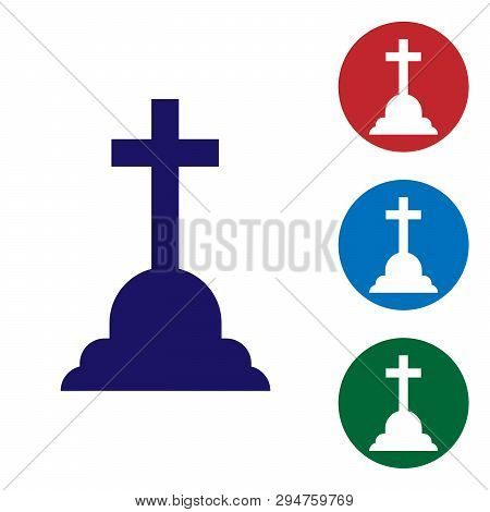 Blue Tombstone With Cross Icon Isolated On White Background. Grave Icon. Set Color Icon In Circle Bu
