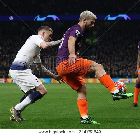 LONDON, ENGLAND: 09 MAR 2019. Kieran Trippier of Tottenham and Sergio Aguero of Man City compete for the ball during the UEFA Champions League Quarter Final, First Leg match