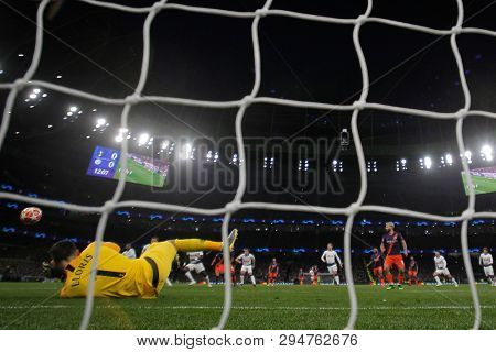LONDON, ENGLAND: 09 MAR 2019. Hugo Lloris of Tottenham saves a penalty during the UEFA Champions League Quarter Final, First Leg match
