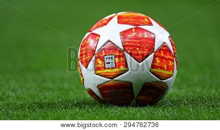 LONDON, ENGLAND: 09 MAR 2019. The match ball for the UEFA Champions League Quarter Final, First Leg match