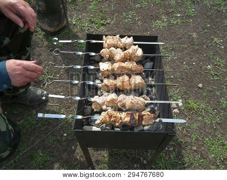 Rest On A Warm Summer Day Cooking Barbecue On The Coals In The Grill.