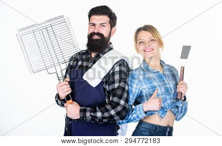 Barbeque Time. Family Weekend. Picnic Barbecue. Food Cooking Recipe. Man Bearded Hipster And Girl. P