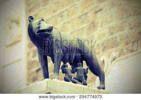 She-wolf Called Lupa Capitolina In Rome In Italy With Remus And Romulus Children With Old Toned Effe