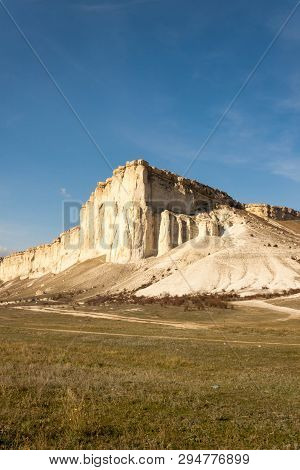 Beautiful Landscape Of White Rock Or Belaya Scala, Rock Aq Kaya, Crimea, Belogorsky District On Blue
