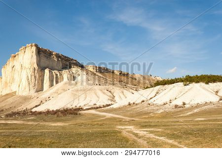 Beautiful Landscape Of White Rock Or Belaya Scala, Rock Aq Kaya, Crimea, Belogorsky District On Blue
