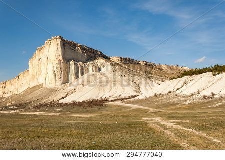Beautiful Landscape Of White Rock Or Belaya Scala, Rock Aq Kaya, Crimea, Belogorsky District On Blue