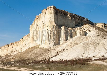 Beautiful Landscape Of White Rock Or Belaya Scala, Rock Aq Kaya, Crimea, Belogorsky District On Blue