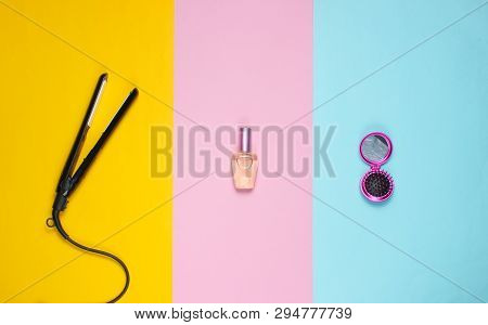 Products For Self Care, Cosmetics, Hair Style. Hair Straightener, Perfume Bottle, Mirror-hairbrush O