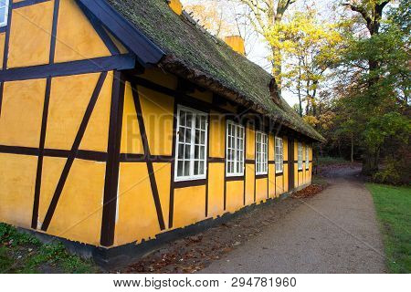 Old Half Timbered House With Thatched Roof In Charlottenlund, Denmark